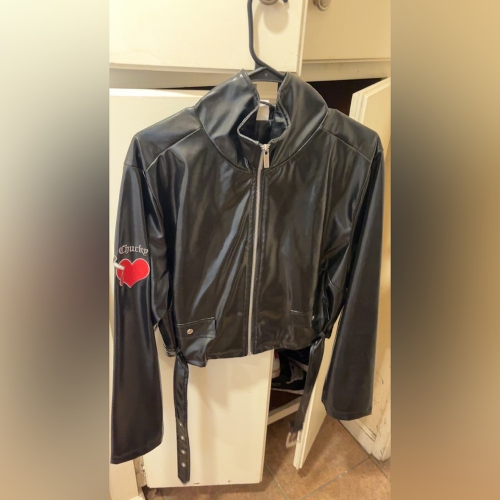 Black Faux Leather Jacket with chucky patch